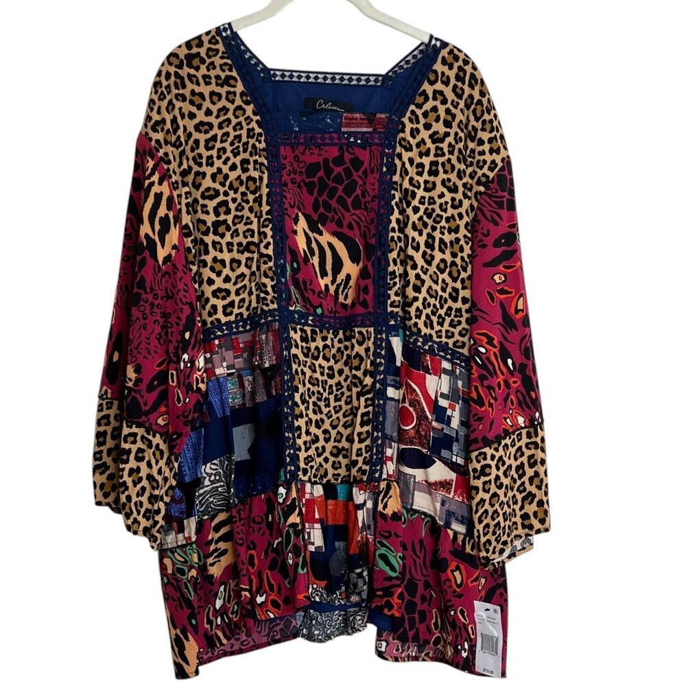Calessa Womens Tunic 2X Sand Multicolor Patchwork Mixed Print Animal Print Artsy